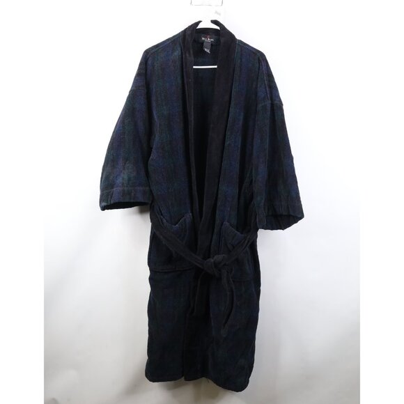 Vintage 90s Streetwear Mens OSFA Faded Heavyweight Cotton Belted Bath Robe Plaid